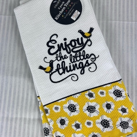 Colordrift Kitchen Towels Yellow Black Flowers Birds 18" x 28" Set of 2 NEW - Picture 5 of 7